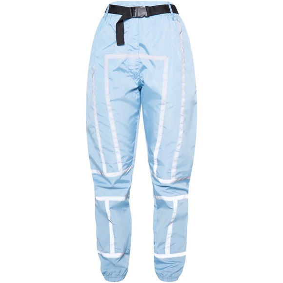 Dusty Blue Shell Reflective Tape Belt Detail Joggers Parachute Pants - Picture 3 of 5